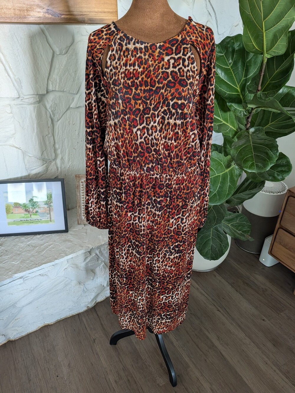 ASOS Plisse Long Sleeve Leopard Print Midi Dress in Brown and Black